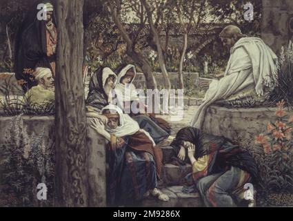 Jésus, Marie Magdalene et Martha à Bethany (Jésus à Bethanie, Marie, Madeleine et Marthe) James Tissot (français, 1836-1902). Jésus, Marie Magdalene et Martha à Bethany (Jésus à Bethanie, Marie, Madeleine et Marthe), 1886-1894. Aquarelle opaque sur graphite sur papier vélin gris, image : 7 15/16 x 11 3/16 po. (20,2 x 28,4 cm). Invité à Bethany, où résident les frères et sœurs Lazarus et Martha, Jésus trouve le répit de son ministère et de la paix pour converser avec des amis. L'intention à l'écoute de Jésus, le Magdalene prend une place à ses pieds, beaucoup à la frustration de Martha, qui attend son aide Banque D'Images