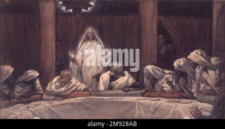 L'apparition du Christ au cénacle James Tissot (français, 1836-1902). L'apparition du Christ au cénacle (Appartion du Christ au cénacle), 1886-1894. Aquarelle opaque sur graphite sur papier vélin gris, image : 5 1/2 x 10 1/4 po. (14 x 26 cm). Christ apparaît à ses disciples au cénacle, la salle supérieure où ils avaient partagé la Cène. Exposant ses blessures brillantes, Jésus se révèle à eux—à leur plaisir et à leur merveille—tandis que les serviteurs qui tendent les disciples pairs à travers les rideaux dans l'étonnement. Art européen 1886-1894 Banque D'Images