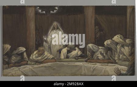 L'apparition du Christ au cénacle James Tissot (français, 1836-1902). L'apparition du Christ au cénacle (Appartion du Christ au cénacle), 1886-1894. Aquarelle opaque sur graphite sur papier vélin gris, image : 5 1/2 x 10 1/4 po. (14 x 26 cm). Christ apparaît à ses disciples au cénacle, la salle supérieure où ils avaient partagé la Cène. Exposant ses blessures brillantes, Jésus se révèle à eux—à leur plaisir et à leur merveille—tandis que les serviteurs qui tendent les disciples pairs à travers les rideaux dans l'étonnement. Art européen 1886-1894 Banque D'Images