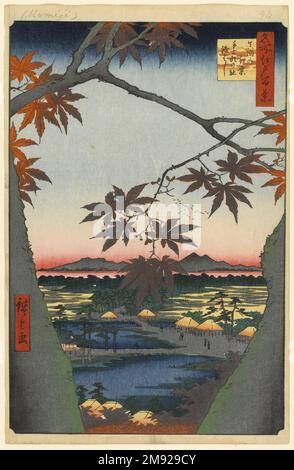 Érables à Mama, au sanctuaire de Tekona et au pont relié, n° 94, d'une centaine de vues célèbres sur Edo Utagawa Hiroshige (Ando) (japonais, 1797-1858). Maple Trees à Mama, Tekona Shrine et Linked Bridge, n° 94 de cent vues célèbres d'Edo, 1st mois de 1857. Imprimé blocs de bois, feuille : 14 3/16 x 9 1/4 po (36 x 23,5 cm). Bien que Mama se trouve à plus de 10 kilomètres à l'est du centre d'Edo, la beauté de ses érables d'automne était si célèbre qu'elle valait le détour. Plus tôt, sa renommée était centrée sur un arbre particulier de grande taille. Bien que seule la souche soit restée à l'époque de Hiroshige, il pourrait être allud Banque D'Images