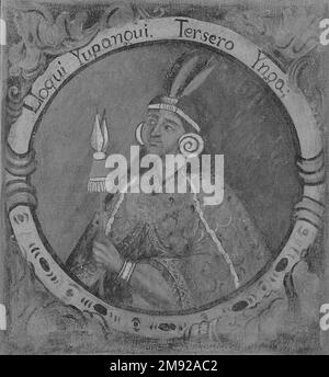 Lloqui Yupanqui, troisième Inca, 1 des 14 Portraits de Rois Inca inconnus. Lloqui Yupanqui, troisième Inca, 1 des 14 Portraits des Rois Inca, mi-18th siècle (probablement). Huile sur toile, 23 11/16 x 21 9/16in. (60,2 x 54,8cm). Le fond bleu de ces douze portraits de rois Incas aurait pu être produit avec une variété de pigments qui étaient disponibles dans la Viceroyalty du Pérou au XVIIIe siècle: Bleu prussien, d'Allemagne; indigo, des Amériques; et smalt, Importé d'Europe. Dans la Viceroyalty du Pérou, le choix d'un fond bleu pour ces portraits était stratégique, élevant le Banque D'Images