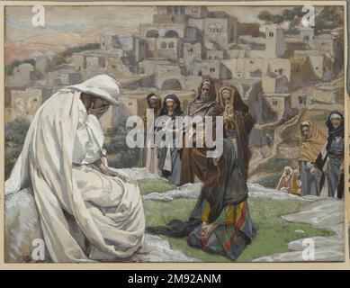 Jésus pleura (Jésus plèvre) James Tissot (français, 1836-1902). Jésus pleuré (Jésus plèvre), 1886-1896. Aquarelle opaque sur graphite sur papier vélin gris, image : 6 3/4 x 8 15/16 po. (17,1 x 22,7 cm). Après la mort de son ami Lazarus, Jésus va à Bethany pour réconforter Martha et Marie Magdalene pour une perte qu'il a également ressentie avec enthousiasme. Les deux femmes se plaignent que Jésus était absent quand Lazare a pris malade, sachant qu'il aurait empêché la mort avec ses pouvoirs de guérison. Affecté par la perte, Jésus désarpe. Mené à la tombe sombre de Lazarus, Jésus commande l'enlèvement de la pierre couvrant l'openi Banque D'Images