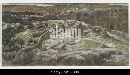 Reconstruction du Golgotha et du Saint-Sépulcre, vue depuis les murs du Palais de Hérode (reconstitution du Golgotha et du Saint-Sépulcre. Vu des murs du palais d'Hérode.) James Tissot (français, 1836-1902). Reconstruction du Golgotha et du Saint-Sépulcre, vue depuis les murs du Palais de Hérode (reconstitution du Golgotha et du Saint-Sépulcre. Vu des murs du palais d'Hérode.), 1886-1894. Aquarelle opaque sur graphite sur papier vélin gris, image : 6 1/4 x 12 7/16 po. (15,9 x 31,6 cm). Calvaire, le site de la Crucifixion, était situé juste à l'extérieur des murs de Jérusalem. L'artiste remarque que dans Banque D'Images