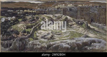 Reconstruction du Golgotha et du Saint-Sépulcre, vue depuis les murs du Palais de Hérode (reconstitution du Golgotha et du Saint-Sépulcre. Vu des murs du palais d'Hérode.) James Tissot (français, 1836-1902). Reconstruction du Golgotha et du Saint-Sépulcre, vue depuis les murs du Palais de Hérode (reconstitution du Golgotha et du Saint-Sépulcre. Vu des murs du palais d'Hérode.), 1886-1894. Aquarelle opaque sur graphite sur papier vélin gris, image : 6 1/4 x 12 7/16 po. (15,9 x 31,6 cm). Calvaire, le site de la Crucifixion, était situé juste à l'extérieur des murs de Jérusalem. L'artiste remarque que dans Banque D'Images