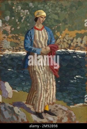 Femme d'un Riverbank Augustus John (britannique, 1878-1961). Femme par une Riverbank, ca. 1910-1912. Huile sur panneau, 18 x 12 1/2 in. (45,7 x 31,8 cm). En utilisant des touches audacieuses de pigments non mélangés, Augustus John a peint sa compagne Dorothy (« Dorelia ») McNeill, portant des vêtements aux couleurs vives qui reflètent leur intérêt commun pour la tenue non conventionnelle et la culture romane, une fascination permanente pour l'artiste. Ici, Dorelia apparaît comme une Vénus bohème sur les rives d'un arcadia sauvage et imaginé qui était, en réalité, probablement un village de pêcheurs en Provence. Art européen ca. 1910-1912 Banque D'Images