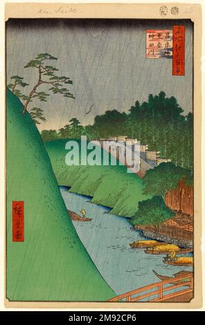 Seido et la rivière Kanda depuis le pont Shohei, n° 47 depuis une centaine de vues célèbres sur Edo Utagawa Hiroshige (Ando) (japonais, 1797-1858). , 9th mois de 1857. Imprimé blocs de bois, 14 1/4 x 9 5/16in. (36,2 x 23,7cm). Il s'agit de la première des trois représentations de la pluie de la série, toutes appartenant à la saison estivale. Ici, Hiroshige représente le type de pluie stable et inclinée typique de la « pluie prune » de juin, qui porte le nom des fruits qui apparaissent alors, une agréable mer de ciel terne et de verts riches que l'impression capture parfaitement. Dans la rivière Kanda, les bateaux protégés par des capes de pluie battent leurs charges de bûcherons Banque D'Images