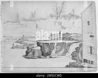 Du Mill Alexander Robertson (américain, né en Écosse, 1772-1841). Depuis le moulin, 11 septembre 1796. Encre noire sur papier blanc cassé, moyennement épais, modérément texturé, feuille : 8 3/4 x 11 1/2 po. (22,2 x 29,2 cm). Dans ce dessin Alexander Robertson a utilisé un raccourci graphique stylisé développé par son frère Archibald, qui a écrit le premier manuel de dessin publié aux Etats-Unis, Elements of the Graphic Arts (1802). L'artiste a rendu des feuilles avec des traits en boucle de son stylo, créé un ombrage avec des lignes diagonales parallèles, et utilisé des contours plus clairs pour les motifs d'arrière-plan à l'indic Banque D'Images