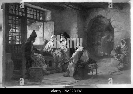 Un jeu intéressant Frederick Arthur Bridgman (américain, 1847-1928). Un jeu intéressant, 1881. Huile sur toile, 37 3/16 x 57 11/16 in. (94,4 x 146,6 cm). Les représentations du Moyen-Orient ont été très populaires au cours du XIXe siècle. Frederick Arthur Bridgman avait l'intention d'évoquer un café du Caire dans ce tableau, avec ses détails architecturaux et ses costumes. Comme c’était le cas pour le tableau de William Merritt Chase à proximité, cependant, le véritable cadre était le studio de l’artiste. Bridgman a peint cette scène à Paris et a inclus des souvenirs de ses voyages en Algérie. Le travail a reçu des éloges à la fois pour son maître Banque D'Images