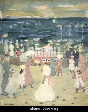 Dimanche sur la plage Maurice Brazil Prendergast (américain, 1858-1924). Dimanche sur la plage, env. 1896-1898. Aquarelle sur crème, modérément épaisse, papier vélin moyennement texturé, 17 3/4 x 13 5/16 po. (45,1 x 33,8 cm). Maurice Prendergast a été l'un des premiers Américains à utiliser l'aquarelle de façon moderniste, permettant à des passages de papier non peint de jouer un rôle dans la description des formes décrites sommairement. Le style de Prendergast et ses sujets ont été largement inspirés par l’art post-impressionniste français qu’il avait rencontré comme étudiant à Paris au début de 1890s. Son thème le plus connu était le mode Banque D'Images