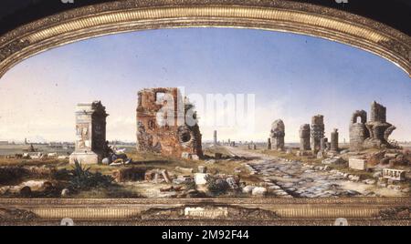 The Appian Way John Linton Chapman (américain, 1839-1905). La voie Appienne, 1869. Huile sur toile, châssis : 38 3/4 × 81 5/16 × 3 5/8 in. (98,4 × 206,5 × 9,2 cm). Les images de lieux peuvent également représenter le temps. Pour les Américains du XIXe siècle, qui avaient compris que le paysage américain n’était pas marqué par des traces de civilisations passées, les ruines antiques de l’Europe étaient des objets de fascination et de contemplation. Avec le touriste américain à l'esprit, John Linton Chapman a produit de nombreuses versions de cette peinture de la via Appia, l'ancienne route à l'extérieur de Rome qui est bordée des ruines des tombeaux. Chapman décrit Banque D'Images