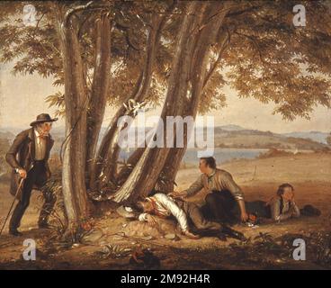 Napping pris (garçons pris napping dans un champ) William Sidney Mount (américain, 1807-1868). Napping pris (garçons pris napping dans un champ), 1848. Huile sur toile, 29 1/16 x 36 1/8 in. (73,8 x 91,7 cm). Ce récit humoristique des garçons paresseux sur le point d'être punis a été commandé par George Washington Strong pour illustrer un souvenir de son enfance rurale à long Island. L'artiste montre que ces garçons de campagne ont été espiègles en jouant aux cartes et en faisant des sieste au lieu de travailler. Les dangers potentiels de leur indolence sont suggérés par le crâne d’une chèvre symbolisant la mort (apposé sur un arbre au-dessus d’eux) an Banque D'Images