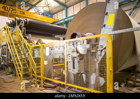 De gros rouleaux de carton et de papier sortent de la machine dans une usine de papier au Chili. Banque D'Images