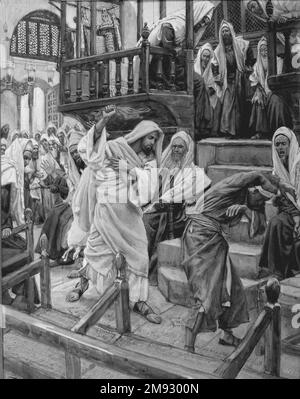 Jésus chase un homme possédé de la Synagogue (Jésus chasse un possédé de la synagogue) James Tissot (français, 1836-1902). Jésus chase un homme possédé de la Synagogue (Jésus chasse un possédé de la synagogue), 1886-1896. Aquarelle opaque sur graphite sur papier vélin gris, image : 9 3/16 x 7 1/8 po. (23,3 x 18,1 cm). Art européen 1886-1896 Banque D'Images