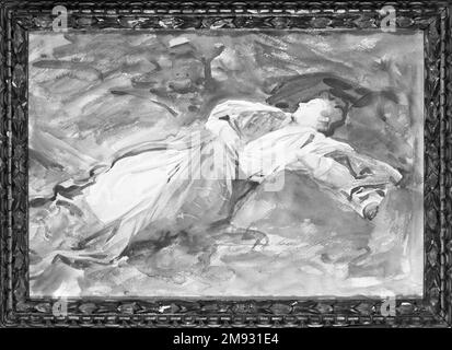 Violet Sleeping John Singer Sargent (américain, né en Italie, 1856-1925). Violet dormant, env. 1907-1908. Aquarelle et graphite translucides et opaques, avec sous-dessin graphite, 14 11/16 x 21 5/16in. (37,3 x 54,1cm). Dans ce tableau de sa sœur bien-aimée Violet, un ajout ultérieur aux avoirs de Brooklyn, Sargent a utilisé un léger sous-dessin en graphite pour bloquer lâchement la figure inclinable et le soutien sur lequel repose sa tête et son bras. Après avoir appliqué des aquarelles et des reflets blancs opaques, il a dessiné en graphite sur la peinture pour délimiter les plis et les manches du chemisier de Violet. Son ey Banque D'Images