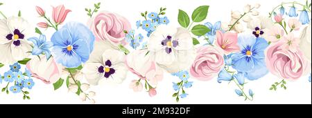 Bordure horizontale sans couture avec fleurs de lisianthus rose, blanc et bleu, fleurs de pansy, cloches de bleuets et fleurs d'Forget-me-not. Guirlande fleurie vectorielle Illustration de Vecteur