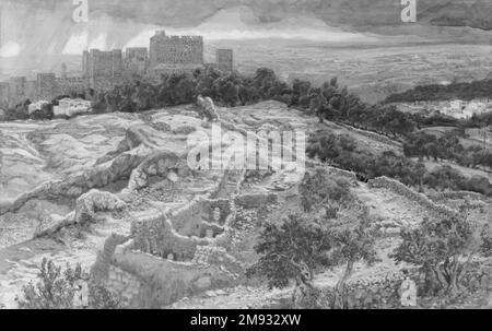 Reconstruction du Golgotha et du Saint-Sépulcre, vue depuis les murs de la porte judiciaire (Calvaire). (Reconstitution du Golgotha et du Saint-Sépulcre. Vu des murs de la porte jugée. [Calvaire.]) James Tissot (français, 1836-1902). Reconstruction du Golgotha et du Saint-Sépulcre, vue depuis les murs de la porte judiciaire (Calvaire). (Reconstitution du Golgotha et du Saint-Sépulcre. Vu des murs de la porte jugée. [Calvaire.]), 1886-1894. Aquarelle opaque sur graphite sur papier vélin gris, image : 9 x 14 3/16 po. (22,9 x 36 cm). Art européen 1886-1894 Banque D'Images