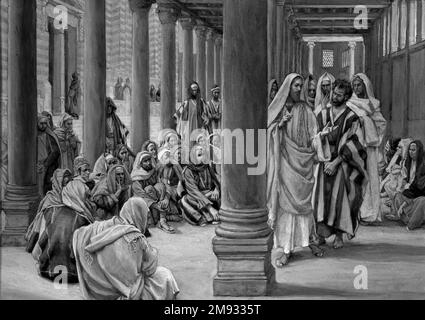 Jésus marche dans le Portique de Salomon (Jésus se promène dans le portique de Salomon) James Tissot (français, 1836-1902). Jésus marche dans le Portique de Salomon (Jésus se promène dans le portique de Salomon), 1886-1896. Aquarelle opaque sur graphite sur papier vélin gris, image : 7 3/8 x 10 7/16 po. (18,7 x 26,5 cm). Art européen 1886-1896 Banque D'Images