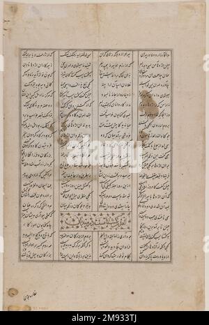 Gushtasp claquant le dragon, page d'un manuscrit illustré du Shahnama de Firdawsi Gushtasp claquant le dragon, page d'un manuscrit illustré du Shahnama de Firdawsi, ca. 1482. Encre, aquarelle opaque et or sur papier, 13 x 8 1/2 po. (32,5 x 21,3 cm). Le légendaire prince iranien Gushtasp lance un dragon terrifiant dans cette scène fréquemment illustrée du Shāhnāma (Livre des Rois), mis au verset par le poète Firdawsi vers 1010. Privé du trône par son père, le prince Gushtasp a quitté l'Iran pour retourner triomphalement après avoir prouvé sa valeur contre le dragon. Dans cette Banque D'Images