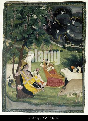 Krishna et Radha sous un arbre dans une tempête indienne. Krishna et Radha sous un arbre dans une tempête, ca. 1790-début du 19th siècle. Aquarelle opaque et or sur papier, feuille : 9 x 6 3/4 po. (22,9 x 17,1 cm). Cette peinture dépeint le dieu hindou Krishna assis sous un arbre tandis que son bien-aimé, Radha, court pour le rejoindre, cherchant l'abri d'une tempête imminente. La tempête est emblématique de la passion, sombre et dangereuse, mais apporte une nouvelle vie. L'Union des amoureux se retrouve dans l'entrelacement des vignes avec des plantes grimpantes florissantes. L’histoire d’amour de Krishna avec Radha est utilisée comme analogie pour la relation entre Banque D'Images