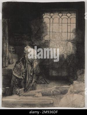 Faust dans son étude, regardant un disque magique Rembrandt Harmensz. Van Rijn (néerlandais, 1606-1669). Faust dans son étude, regardant un disque magique, ca. 1652. Gravure et point sec sur papier posé à l'est, image : 8 × 6 5/16 po. (20,3 × 16 cm). Dans cet imprimé lumineux, dans lequel les passages légèrement gravés contrastent fortement avec les zones richement sombres de point sec, Rembrandt capture un moment de révélation mystique. Un chercheur regarde dans l'émerveillement comme un disque radiant et une figure d'ombre avec une main spectrale apparaissent avant sa fenêtre lumineuse. Le disque est inscrit avec des symboles et des abréviations religieuses, y compris “INRI” (latin f Banque D'Images