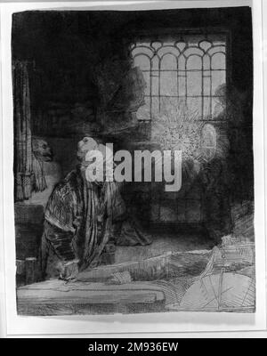 Faust dans son étude, regardant un disque magique Rembrandt Harmensz. Van Rijn (néerlandais, 1606-1669). Faust dans son étude, regardant un disque magique, ca. 1652. Gravure et point sec sur papier posé à l'est, image : 8 × 6 5/16 po. (20,3 × 16 cm). Dans cet imprimé lumineux, dans lequel les passages légèrement gravés contrastent fortement avec les zones richement sombres de point sec, Rembrandt capture un moment de révélation mystique. Un chercheur regarde dans l'émerveillement comme un disque radiant et une figure d'ombre avec une main spectrale apparaissent avant sa fenêtre lumineuse. Le disque est inscrit avec des symboles et des abréviations religieuses, y compris “INRI” (latin f Banque D'Images
