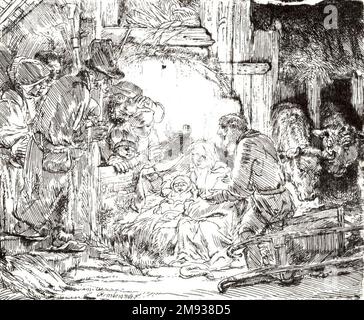 L'adoration des bergers: Avec la lampe Rembrandt Harmensz. Van Rijn (néerlandais, 1606-1669). L'adoration des bergers: Avec la lampe, ca. 1654. Gravure sur papier déposé, plaque : 4 1/8 x 5 1/16 po. (10,5 x 12,9 cm). Art européen ca. 1654 Banque D'Images