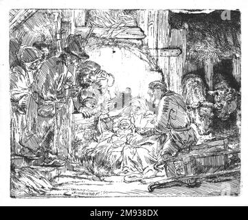 L'adoration des bergers: Avec la lampe Rembrandt Harmensz. Van Rijn (néerlandais, 1606-1669). L'adoration des bergers: Avec la lampe, ca. 1654. Gravure sur papier déposé, plaque : 4 1/8 x 5 1/16 po. (10,5 x 12,9 cm). Art européen ca. 1654 Banque D'Images