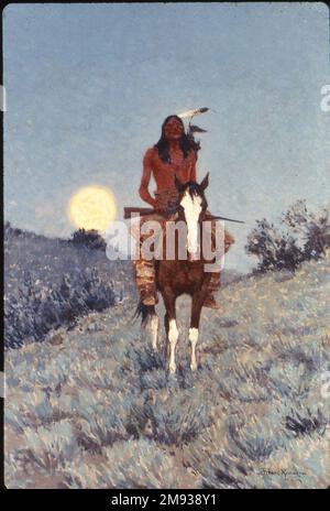 The Outlier Frederic Sackrider Remington (américain, 1861-1909). L'aberration, 1909. Huile sur toile, châssis : 51 1/2 x 38 1/2 x 2 in. (130,8 x 97,8 x 5,1 cm). Dans cette scène nocturne, les Amérindiens apparaissent comme une sorte de relique solitaire, déconnectée de sa culture et manifestement détachée d'un moment historique spécifique. Dépeint isolément, ce chiffre suggère simultanément une gloire passée et une disparition inévitable, un destin que la plupart des Américains européens à l'époque considéraient comme assuré pour les Indiens d'Amérique. Frederic Sackrider Remington a peint de nombreuses versions de l'américain autochtone solitaire Banque D'Images