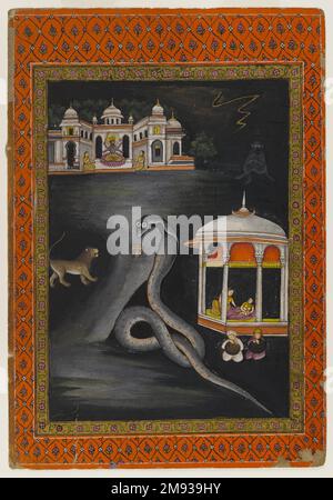 Krishna a traversé la rivière indienne. Krishna a traversé la rivière, première moitié du 19th siècle. Aquarelle opaque et or sur papier, feuille : 10 5/8 x 7 5/16 po. (27,0 x 18,6 cm). Dans l’histoire de la vie du dieu Krishna sur terre, il est né d’une famille royale mais doit être immédiatement retiré du palais pour le cacher d’un oncle méchant. Ce tableau inhabituel montre les circonstances de ce départ. Dans le noir de la nuit, alors que tout le monde dans le palais est endormi (un petit belvédère à droite se tient pour le palais), le père de Krishna le transporte de l'autre côté de la rivière Yamuna jusqu'au communit rural Banque D'Images