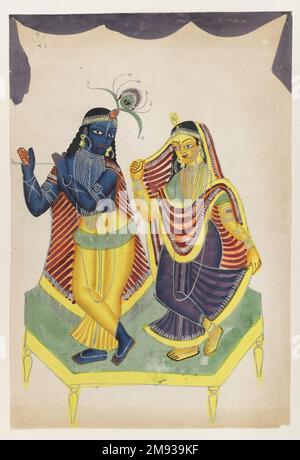 Krishna et Radha Krishna et Radha, fin 19th-début 20th siècle. Aquarelles sur papier avec garnitures en étain poli, 16 x 10 1/2 po. (40,6 x 26,7 cm). Cette image aquarelle s'appelle une peinture de Kalighat, produite rapidement et en multiples pour la vente sur les marchés autour du temple de Kali à Kolkata au tournant du XXe siècle. Les caractéristiques communes des peintures de Kalighat sont l'application lâche de l'ombrage autour des bras, des jambes, et des visages des figures et le rideau rudimentaire au sommet pour suggérer une scène ou un décor d'autel. Les artistes modernistes indiens du début du XXe siècle citeraient K Banque D'Images