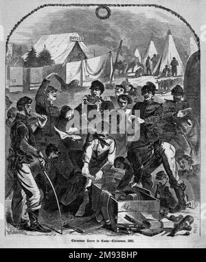 Boîtes de Noël au camp--Noël, 1861 Winslow Homer (américain, 1836-1910). Boîtes de Noël dans le camp--Noël, 1861, 1862. Gravure en bois, image : 11 1/8 x 9 1/8 po. (28,3 x 23,2 cm). Homer a créé cette image allégée en campant avec l’armée de l’Union en Virginie en tant qu’artiste spécial couvrant les premières lignes de l’hebdomadaire Harper. Les soldats y ont mis de côté leurs livres et leurs tracts en faveur de chaussettes, de mitaines et de gâteries maison récemment livrées. La gravure quelque peu sentimentale illustre la joie spontanée que Noël présente inspiré parmi les soldats. En fin de compte, t Banque D'Images