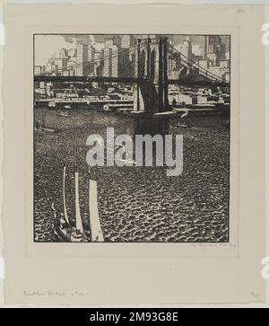 Pont de Brooklyn Rudolph Ruzicka (américain, né en Bohême, 1883-1978). Pont de Brooklyn, Californie 1915. Coupe de bois sur papier, 7 3/8 x 6 15/16 po. (18,8 x 17,6 cm). Art américain ca. 1915 Banque D'Images