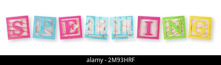 Concept d'orthographe avec blocs de bois pour enfants avec masque Banque D'Images