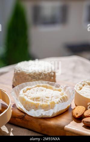 Fromages français Rocamadour et Saint-Marcellin servis sur une planche en bois d'olivier avec des amandes sur des lampes solaires Banque D'Images