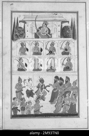 Krishna et les dévotés devant un palais, page d'un Indien hindou non identifié. Krishna et les dévotés devant un palais, page d'un manuscrit hindou non identifié, 19th siècle. Aquarelle opaque et or sur papier, feuille : 12 7/8 x 8 3/8 po. (32,7 x 21,3 cm). Art asiatique 19th siècle Banque D'Images