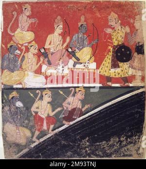 Rama et Lakshmana reçoivent des envoyés, page d'un Indien dispersé de la série Ramayana. Rama et Lakshmana reçoivent des envoyés, page d'une série de Ramayana dispersée, vers. 1634. Aquarelle opaque sur papier, 6 7/8 x 6 1/4in. (17,5 x 15,9cm). Art asiatique ca. 1634 Banque D'Images