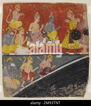 Rama et Lakshmana reçoivent des envoyés, page d'un Indien dispersé de la série Ramayana. Rama et Lakshmana reçoivent des envoyés, page d'une série de Ramayana dispersée, vers. 1634. Aquarelle opaque sur papier, 6 7/8 x 6 1/4in. (17,5 x 15,9cm). Art asiatique ca. 1634 Banque D'Images