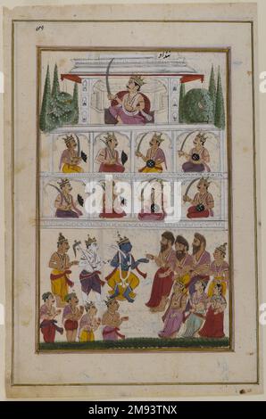 Krishna et les dévotés devant un palais, page d'un Indien hindou non identifié. Krishna et les dévotés devant un palais, page d'un manuscrit hindou non identifié, 19th siècle. Aquarelle opaque et or sur papier, feuille : 12 7/8 x 8 3/8 po. (32,7 x 21,3 cm). Art asiatique 19th siècle Banque D'Images