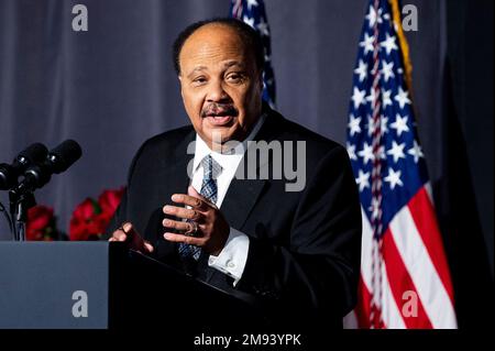 16 janvier 2023, Washington, District de Columbia, Etats-Unis: MARTIN LUTHER KING, III, Président du Conseil, Drum Major Institute, s'exprimant au réseau national d'action (NAN) de Martin Luther King, Jr Petit déjeuner à l'hôtel Mayflower à Washington, D.C., (image de crédit : © Michael Brochstein/ZUMA Press Wire) USAGE ÉDITORIAL SEULEMENT! Non destiné À un usage commercial ! Crédit : ZUMA Press, Inc./Alay Live News Banque D'Images