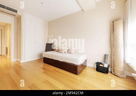 Chambre avec un lit simple avec un canapé en bois et divers coussins et objets démontés Banque D'Images