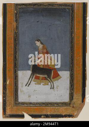 Dame avec un Noir Buck Indien. , ca. 1750. Aquarelles opaques et or sur papier, feuille : 8 1/2 x 6 1/4 po. (21,6 x 15,9 cm). Art asiatique ca. 1750 Banque D'Images