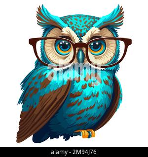 hibou d'oiseau bleu dans de grands verres pour la vue. animal intelligent. illustration vectorielle plate. Illustration de Vecteur