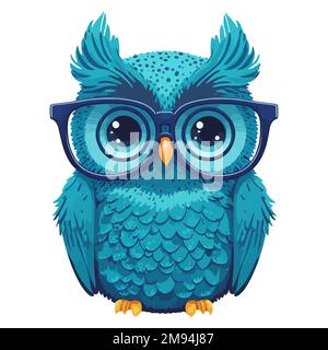 hibou d'oiseau bleu dans de grands verres pour la vue. animal intelligent. illustration vectorielle plate. Illustration de Vecteur