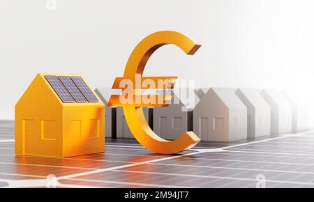 Modèle de maison d'or avec panneaux solaires sur le toit et le symbole de la monnaie européenne mis sur la surface du panneau solaire. concept d'énergie durable, économiser de l'argent, Banque D'Images