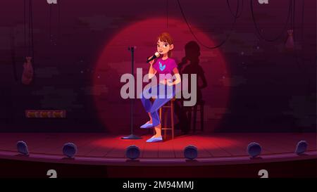 Personnage de comédien féminin sur scène. Illustration de dessin animé vectoriel de la jeune femme assise sur un tabouret en bois, parlant dans le microphone, divertir le public en boîte de nuit. Spectacle de comédie Illustration de Vecteur