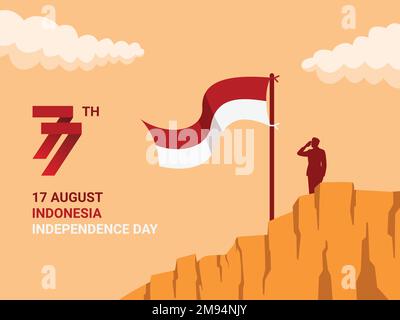 Illustration de l'homme saluant le drapeau indonésien - Indonesia Independence Day Celebration Poster Background - Vector Illustration Design Illustration de Vecteur