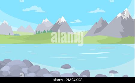 Scène de la rivière de montagne. Paysage plat avec rochers et ruisseau d'eau. Arrière-plan de la nature vectorielle. Magnifique panorama de dessin animé du printemps ou de l'été dans les hautes terres Illustration de Vecteur