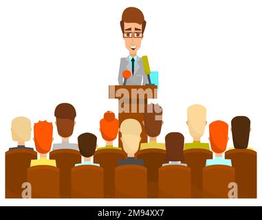 Haut-parleur sur le podium devant l'illustration vectorielle du public. Orateur parlant de Tribune. Homme d'affaires qui prononce un discours. Formation professionnelle, coaching Illustration de Vecteur