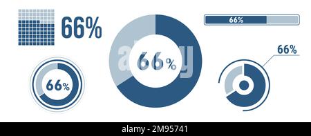 ensemble d'icônes de chargement de données à 66 %. Diagramme de soixante-six cercles, diagramme circulaire, barre de progression. infographie : 66 % de pourcentage. Collection de concepts vectoriels, bleu Illustration de Vecteur