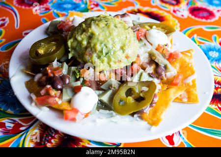 Nachos avec guacamole. Les nachos sont un plat d'origine mexicaine, composé de morceaux de friture de tortilla de maïs couverts d'un fromage spécial. Banque D'Images